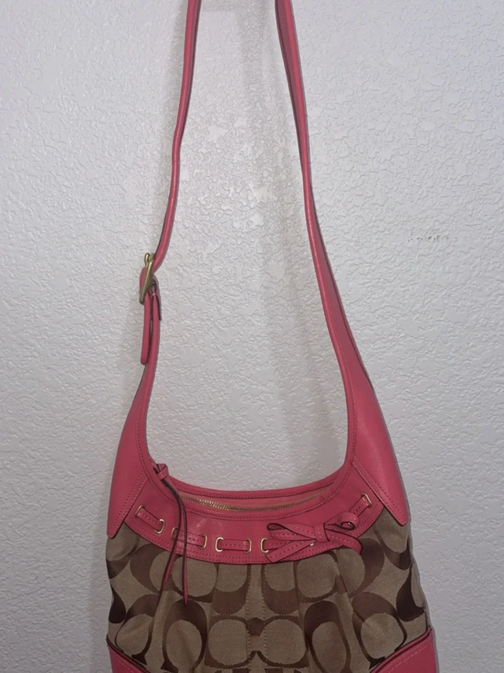 Coach Brown Signature Canvas Hobo with Pink Trim - Picture 2 of 6